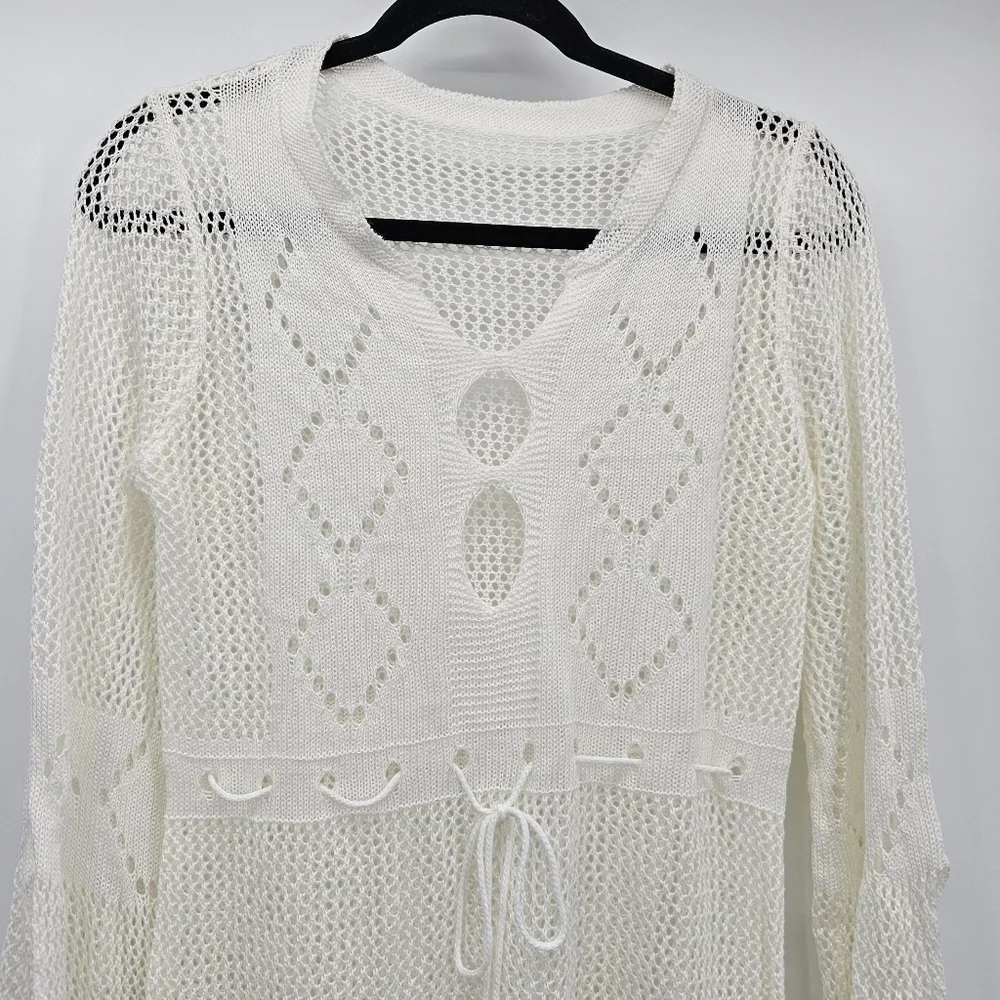 Ivory Crochet Swim CoverUp Hi Lo Breathable Dress Womens One Size